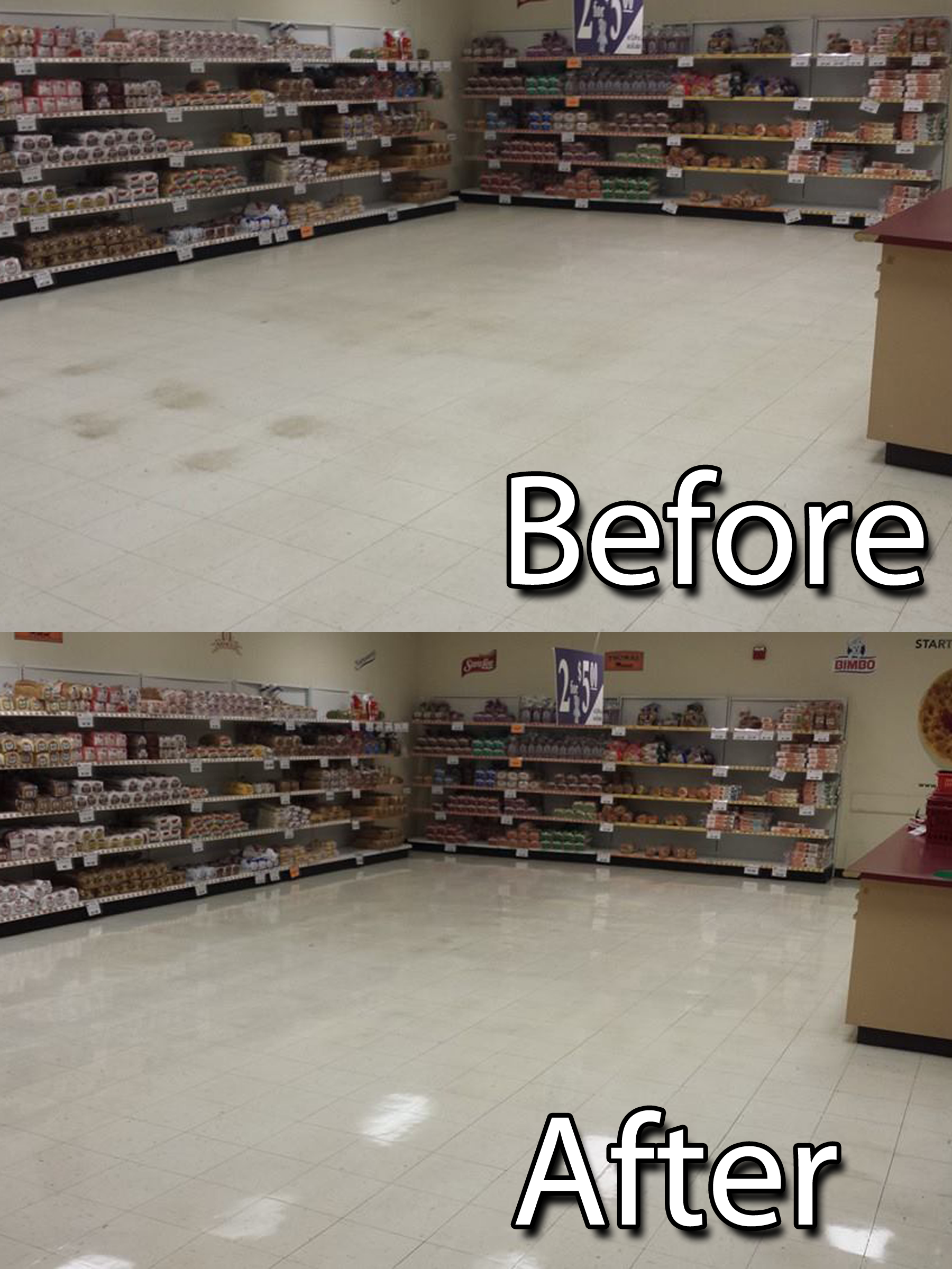 Floor stripping and waxing before and after